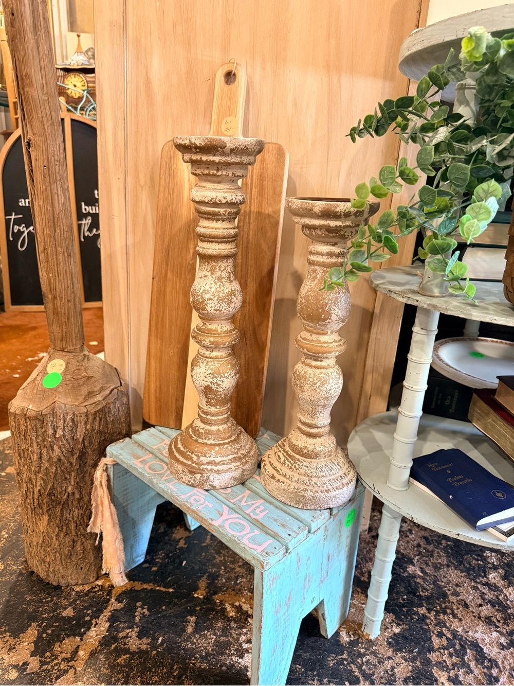Rustic Distressed Cream Pair of Wooden Candlesticks